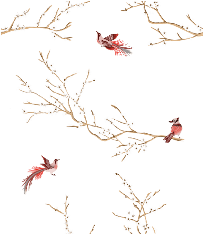 patrón papel pintado pajaritos rojos de muralchic