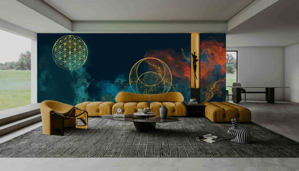 sala de estar con mural personalizado geometria sagrada