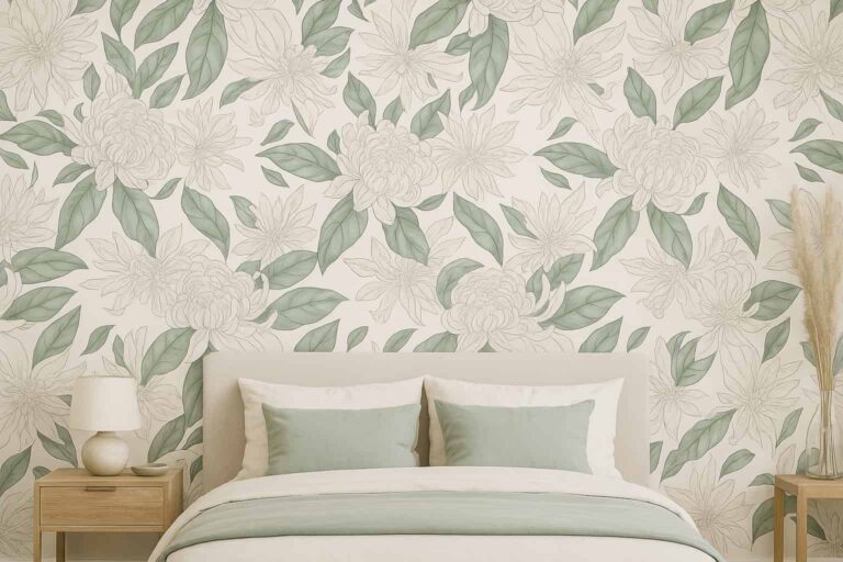 papel pintado floral en dormitorio