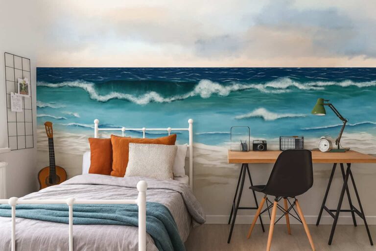 Mural de papel pintado de playa en habitación juvenil