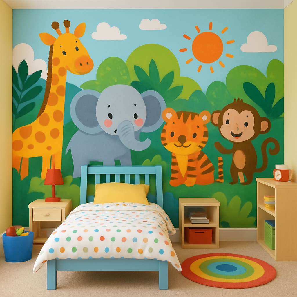 mural de animales infantiles en habitacion infantil